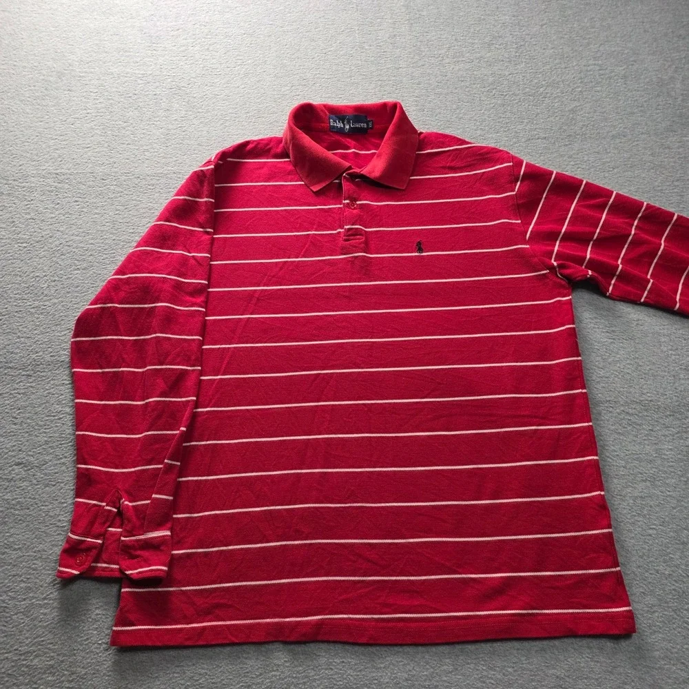 Ralph Lauren Mens XXL Long Sleeve Polo Shirt Red White Striped Pique Cotton‎